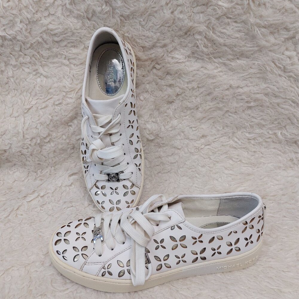 Michael Kors Women's Optical White Floral Laser Cut Out Tennis Shoes US 6M